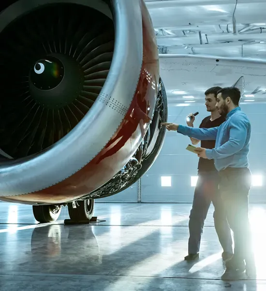 dois homens analisando a turbina de uma aeronave