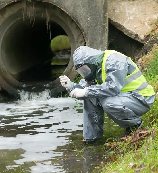 homem com roupa de proteção analisando água de um lago