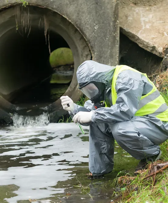 agente ambiental com roupa de proteção analisando água de esgoto