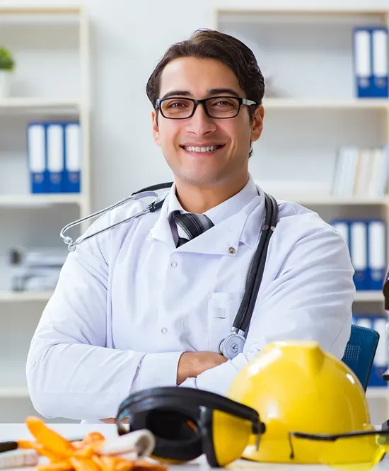 homem médico de braços cruzados sorrindo com jaleco de óculos e estetoscópio no pescoço