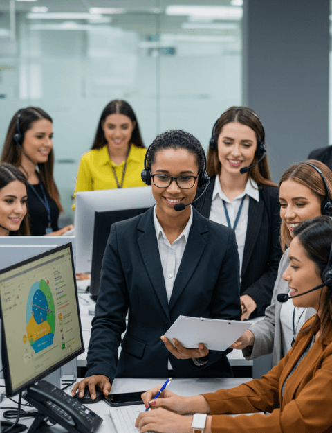 homem preto com fone de call center no ouvido, ao lado dele uma mulher branca com fone de call center no ouvido