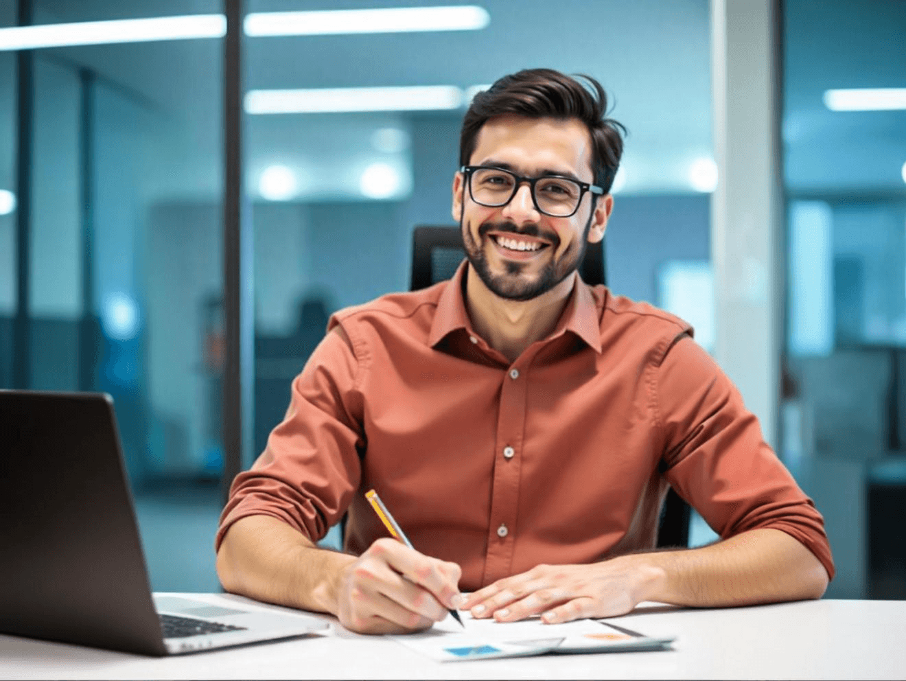 mulher cientista de dados de roupa social mexendo em notebook